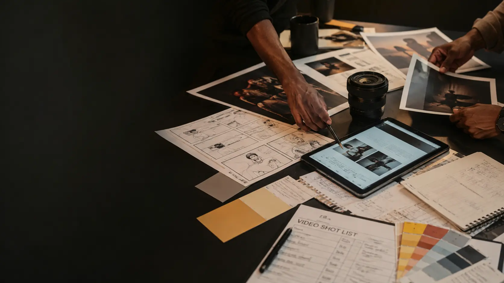 Creative production table with campaign storyboards, visual drafts and production planning materials