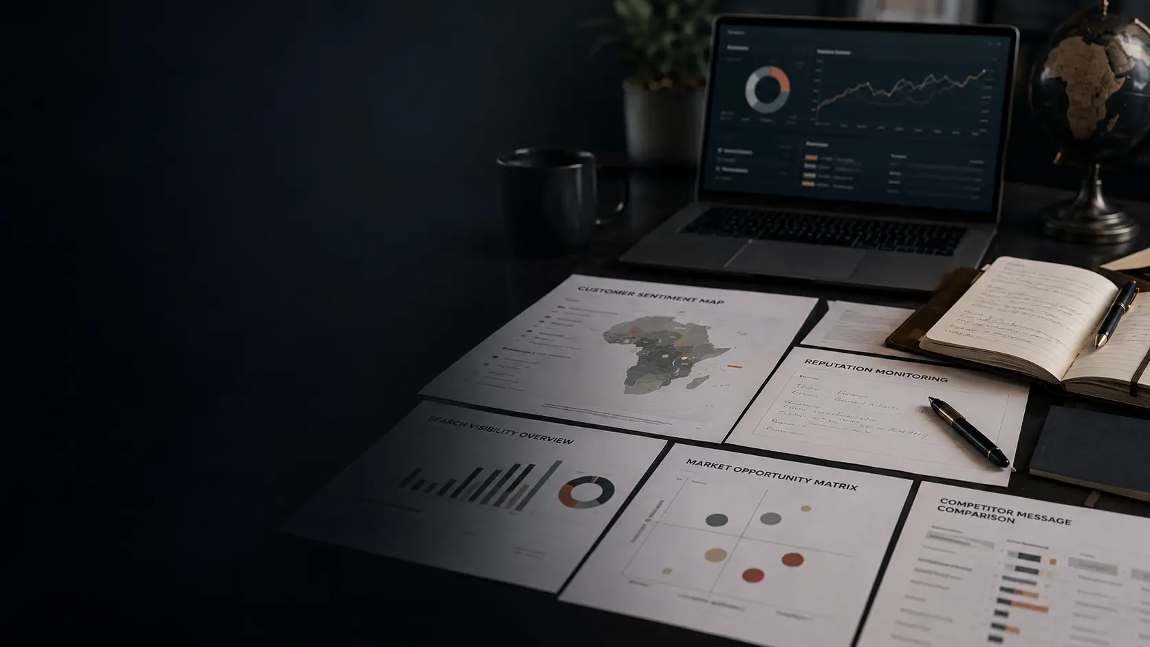 Market intelligence research materials showing customer sentiment, reputation and opportunity signals